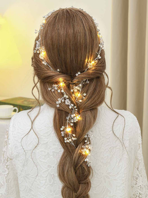 Yean Led Bride Wedding Hair Vine, Long Light Up Bridal Headband with Silver Crystal Accessories (100cm / 39.3inches)