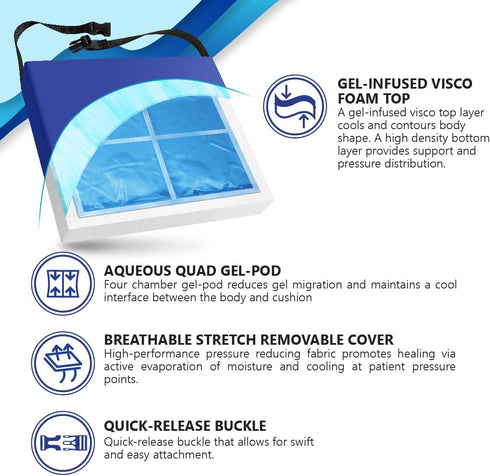 16" 16" 2" NYOrtho Gel Wheelchair Cushion - Gel-Infused Memory Foam Cooling Comfort - Non-Slip, Water-Resistant Seat