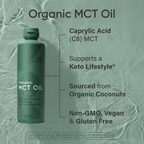 Sports Research Organic MCT Oil - Vegan & Keto C8, Non-GMO, Gluten Free, Flavorless Oil, 16 oz