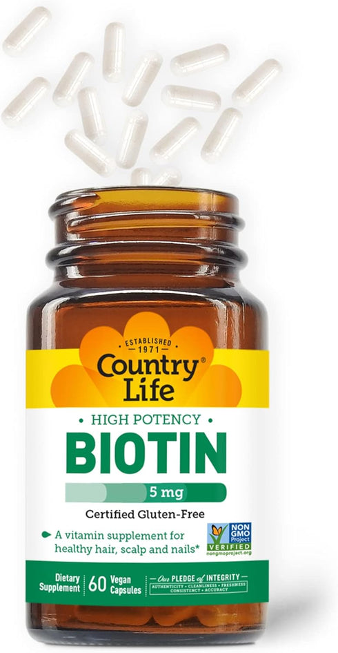 Country Life Biotin High Potency - 5 mg - 60 Vegan Capsules for Healthy Hair, Skin & Nails