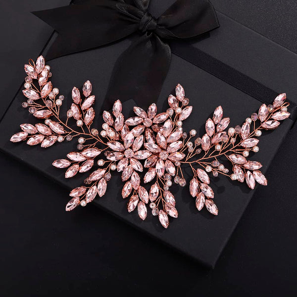 Pink Rhinestones Pearls Crystals Large Headband, Handmade Bridal Flower Hair Vine for Women, Rose Gold Hair Pieces