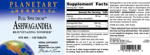 Planetary Herbals Ashwagandha Full Spectrum, 570 mg, Rejuvenating Tonifier, 120 Tablets