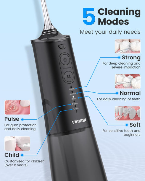 Cordless Water Flosser, Portable 300ML Dental Flosser with 9 Jet Tips, 5 Modes, IPX7 Waterproof - Black