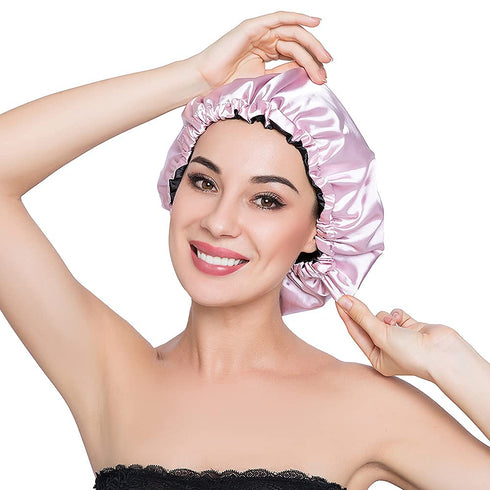 Stain Bonnet Silky Sleep Cap Adjustable Satin Cap for Night Sleeping - Reversible Double Layer Light Purple/Black