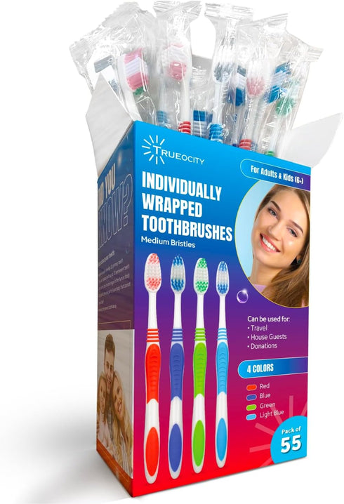 Toothbrushes Bulk Individually Wrapped - 55 Pack, Medium Bristles, Multi-Colored Toothbrushes for Adults and Kids