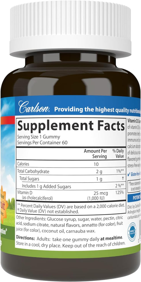 Carlson Vitamin D3 Gummies, 1000 IU, Bone Health, Immune Support, 60 Vegetarian Gummies, Natural Fruit Flavors