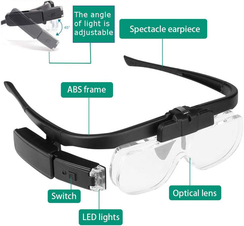 Magnifying Glass with LED Light - USB Rechargeable Head Magnifier Glasses for Crafts, 3 Replacement Lenses
