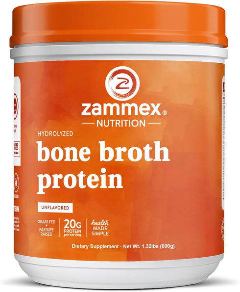 Zammex Pure Grass Fed Beef Bone Broth Protein Powder, 20g Protein, Hydrolyzed