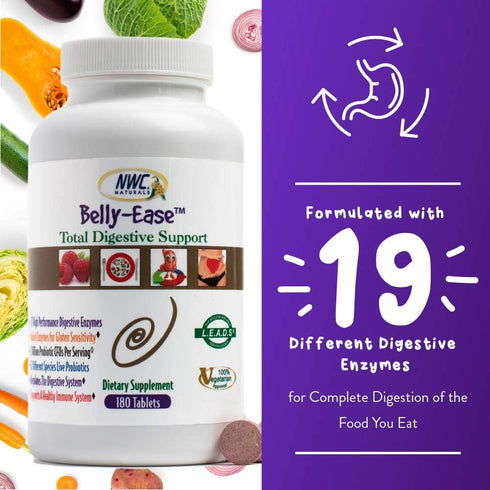 Belly-Ease Healthy Digestive Enzymes Plus Prebiotics & Probiotics, 180 Count Chewable Tablets