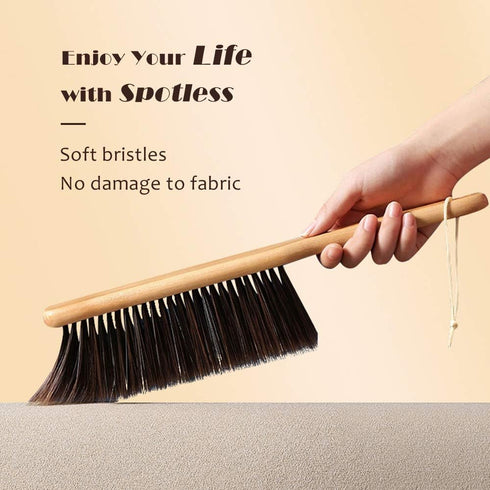 Hand Broom, Soft Horsehair Upholstery Brush with Handle, Dust Broom for Furniture, Couch, Counter, Bed Cleaning