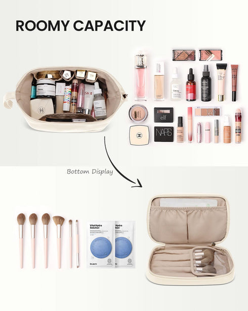 Pocmimut Leather Makeup Bag, Large Wide-open Travel Cosmetic Bag, Double Layer Toiletry Organizer Case for Brushes