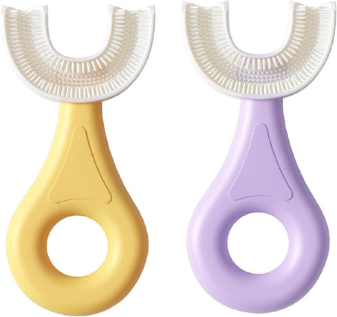 Kids' U Shaped Toothbrush Age 2-6 - 2 Premium Soft Toothbrushes with Travel Cases, Round Silicone Head
