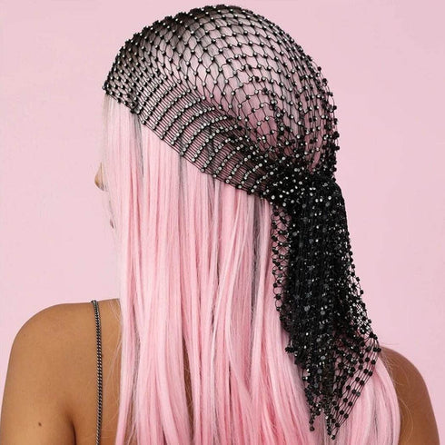 JEAIRTS Sparkly Rhinestone Mesh Headband, Stretchy Crystal Nightclub Headwrap for Women and Girls (1-Black)
