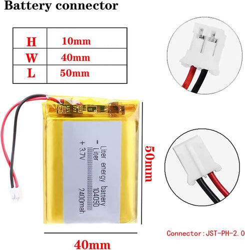 Liter 3.7V 2400mAh 104050 Lipo Battery Rechargeable Lithium Polymer ion Battery Pack with JST 2.0mm Connector