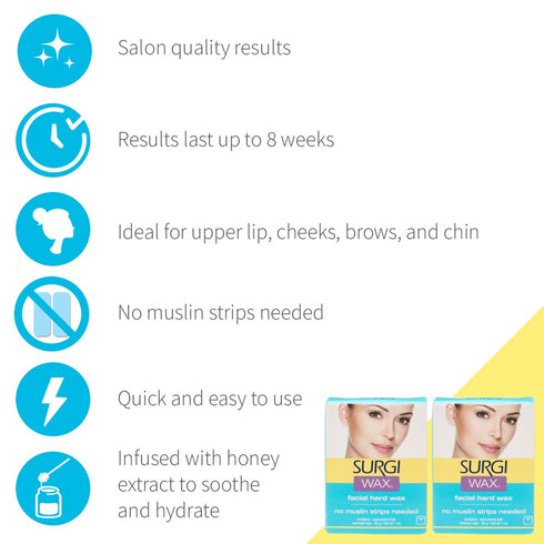 Surgiwax Microwaveable Facial Hair Removal Wax, Hard Wax Kit for Face & Upper Lip, At-Home Waxing Kit for Women