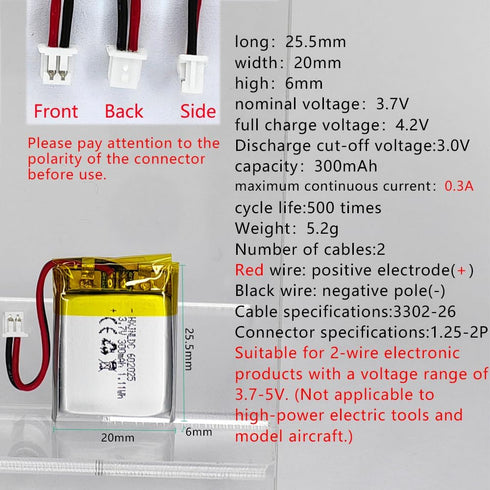 DC 3.7V 300mAh 602025 Rechargeable Lithium Polymer Battery, Suitable for DIY 3.7-5V Electronic Products with Built-in 2-Wire Battery Replacement and LED Lights