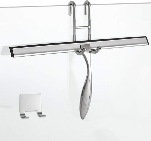 Simtive 14-Inch Shower Squeegee Set, Includes Hook and Adhesive Hook for Shower Doors, Mirror, Window, Silver