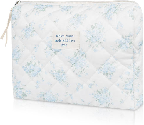 Makeup Bag Quilted Floral Cosmetic Bag for Women, Cute Cotton Travel Toiletry Organizer Bag (Blue Rose)