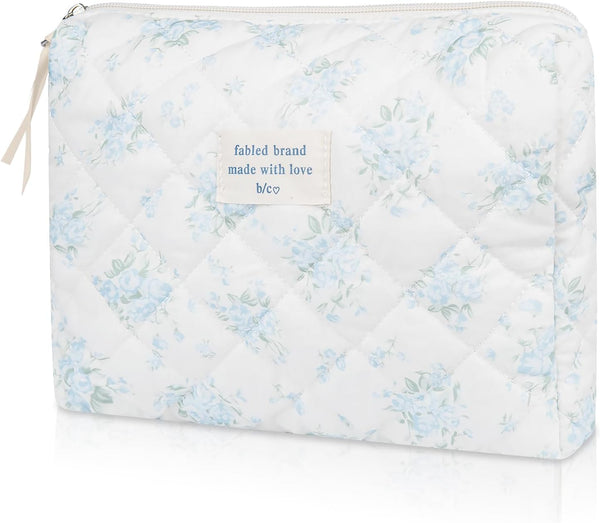 Makeup Bag Quilted Floral Cosmetic Bag for Women, Cute Cotton Travel Toiletry Organizer Bag (Blue Rose)