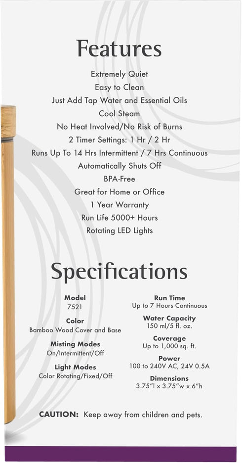 NOW Essential Oils, Ultrasonic Real Bamboo Aromatherapy Oil Diffuser, Extremely Quiet, Heat Free and Easy to Clean