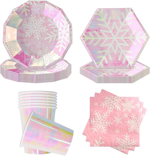 Snowflake Wonderland Party Supplies, Disposable Glitter Iridescent Pink Paper Plates Freezing Winter