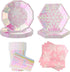 Snowflake Wonderland Party Supplies, Disposable Glitter Iridescent Pink Paper Plates Freezing Winter