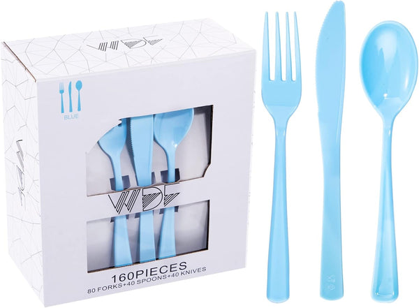 WDF 160 Piece Blue Plastic Silverware Set, Heavy Duty Includes 80 Forks, 40 Spoons, 40 Knives for Parties, Daily Use