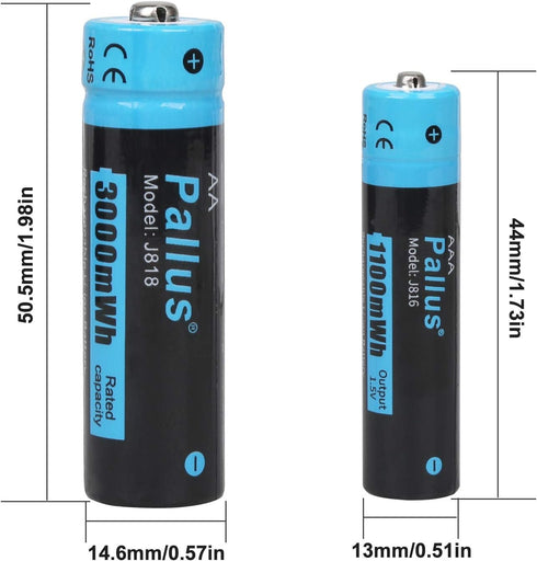 Pallus 4 Pack 3000mWh 4 Pack 1100mWh Rechargeable AA AAA Lithium Batteries, Li-ion AA Batteries and AAA Lithium