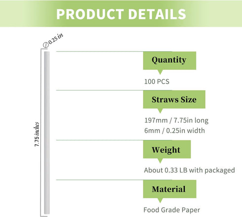 Pure White Paper Drinking Straws, 7.75", Pack of 100 Disposable Solid White Straws for Wedding Party
