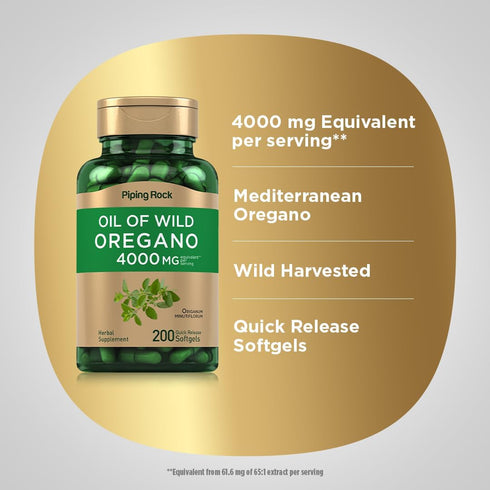 Piping Rock Oil of Oregano, 4000mg, 200 Softgel Capsules, Herbal Supplement, Non-GMO, Gluten Free Pills