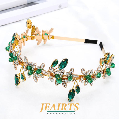 JEAIRTS Green Rhinestone Headband, Gold Leaf Wedding Headpiece, Bridal Crystal Hair Accessories for Women