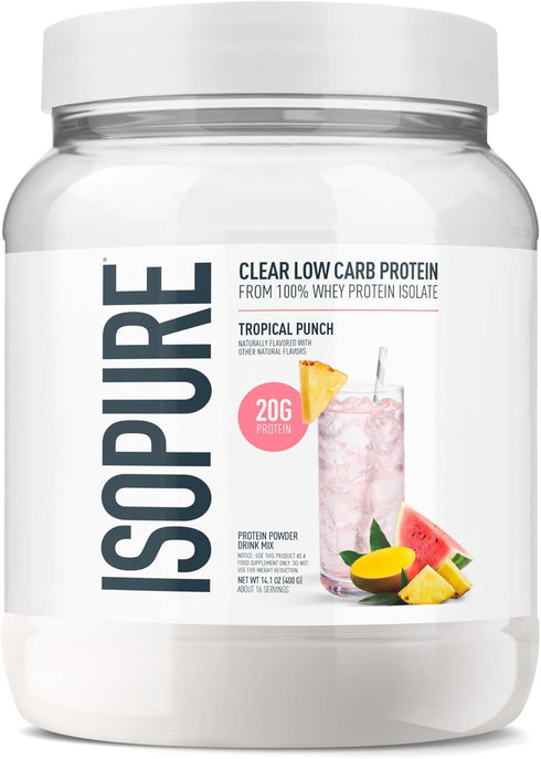 Isopure Clear Whey Isolate Protein Powder, Tropical Punch, Lactose Free, Gluten Free, 20g Protein Per Serving, 14.1 Oz