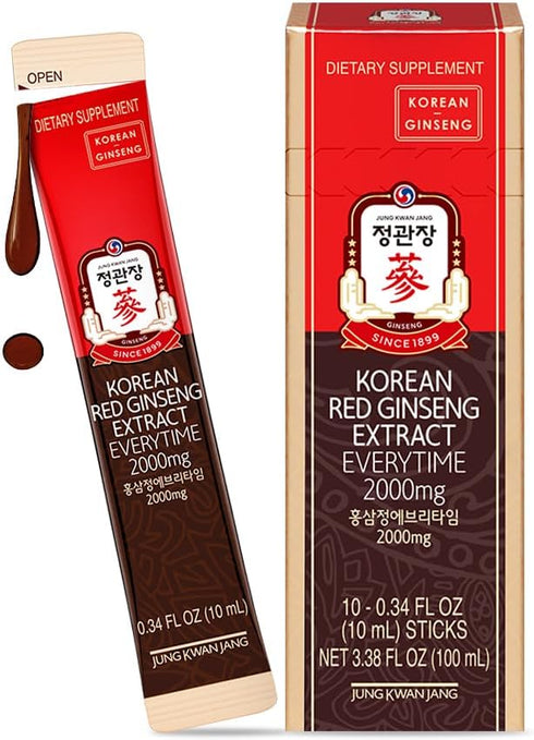 JungKwanJang Ginseng Everytime Extract Stick - Caffeine-Free Energy Supplements, Korean Red Ginseng 2000mg