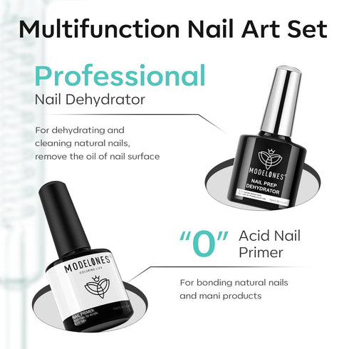 modelones Nail Dehydrator and Primer Set with Gel Base & Top Coat, Acid Free Acrylic Nail Supplies Starter Kit