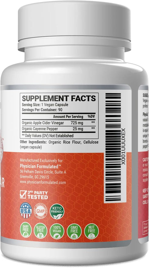 Physician Formulated 100% 750mg 1 90 Organic Apple Cider Vinegar Capsules in just Pill Pure Raw Apple Cider Vinegar