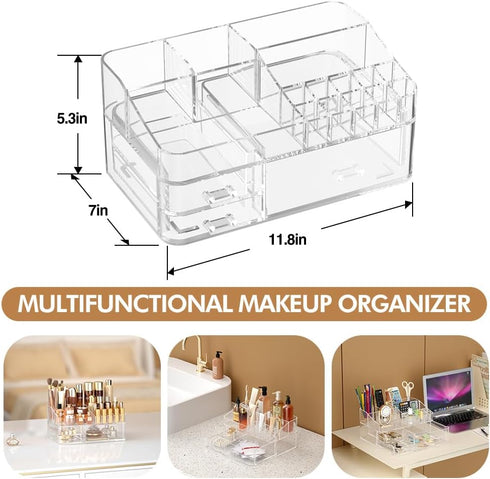 Makeup Organizer for Vanity, Large Acrylic Desk Holder with Drawers, Ideal for Cosmetics, Lipsticks, Nail Polish,