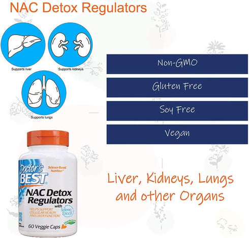 Doctor's Best NAC Detox Regulators with Seleno Excell, Non-GMO, Vegetarian, Gluten Free, Soy Free - 60 Veggie Caps