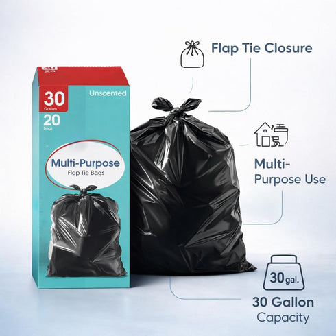 Rayverion 30 20 Count Gallon Large Flap Tie Trash Bags, Heavy Duty Draw Tie Garbage Bags, Leak Resistant Multipurpose