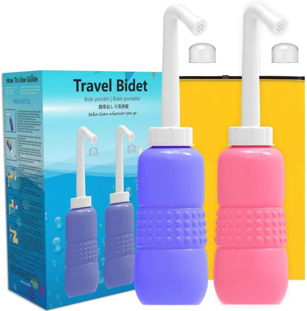 Upside Down Peri Bottle for Postpartum Care - Portable Bidet Bottle with Travel Bag, Reusable Douche Bottle (Blue+Pink)