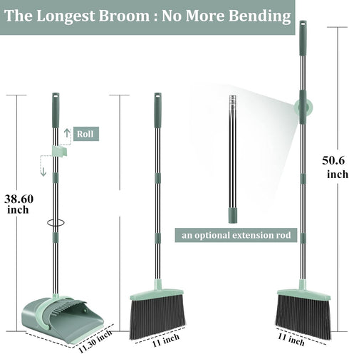Broom and Dustpan Set with Long Handle, Dustpan Comb, Jade Green Broom and Dustpan Combo for Home