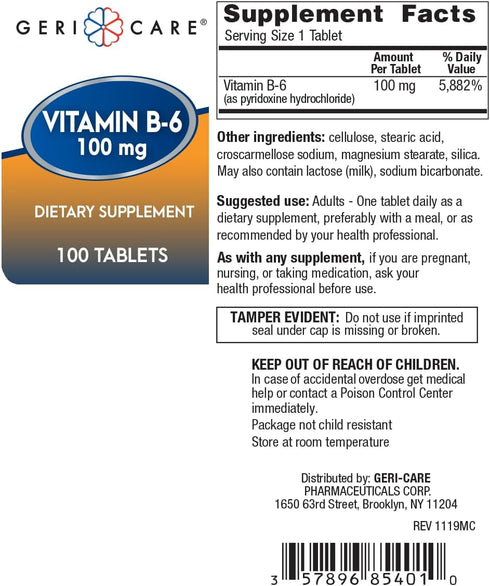 Gericare Vitamin B-6 100 mg Tablets 100 ct
