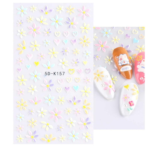 5 Sheets 3D Embossed Flower Nail Art Stickers Decals 5D Self-Adhesive Colorful Daisy Blossom Nail Supplies