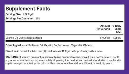 Piping Rock Vitamin D3 5000 IU, 250 Softgels, High Potency Supplement, Non-GMO, Gluten Free