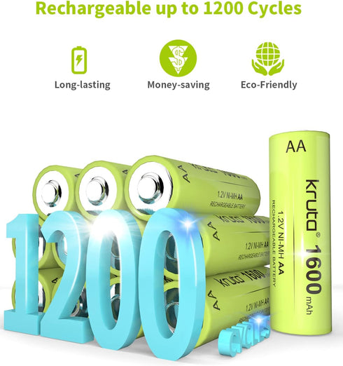 Kruta Ni-MH AA Rechargeable Batteries, 12 Pack, 1600mAh High Capacity 1.2V for Outdoor Solar Lights