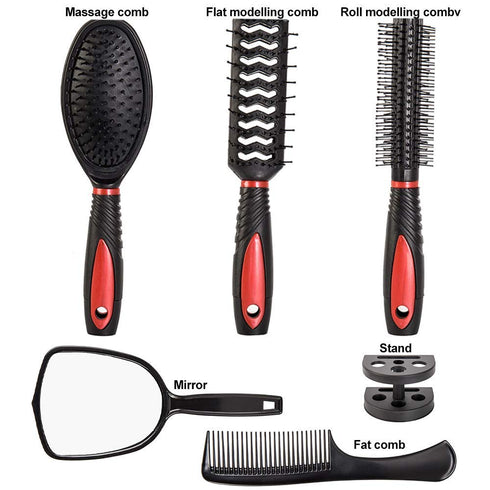 Set of 5 Professional Salon Hair Combs, Hair Cutting Brushes, Hairdressing Styling Tool Mirror and Holder Stand