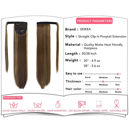 SEIKEA Clip in Ponytail Extension, Wrap Around Straight Hair for Women (28", Brown/Ash Blonde Mix)