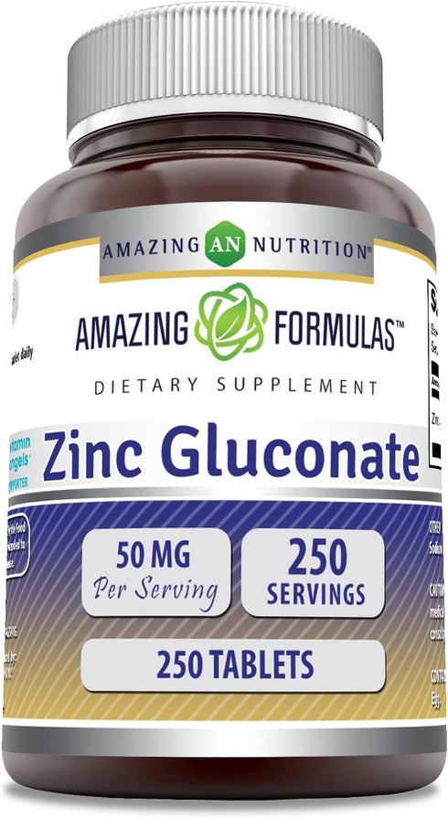 Amazing Formulas Zinc Gluconate 50mg - 250 Tablets Supplement, Non-GMO, Gluten Free, Made in USA