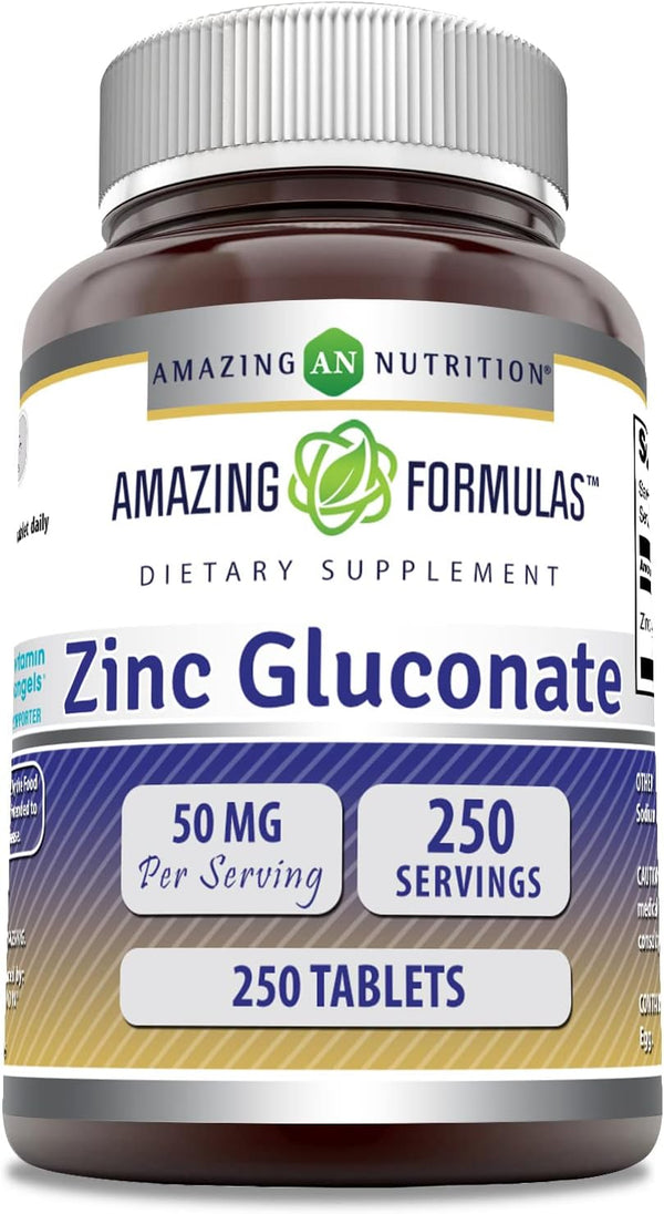 Amazing Formulas Zinc Gluconate 50mg - 250 Tablets Supplement, Non-GMO, Gluten Free, Made in USA
