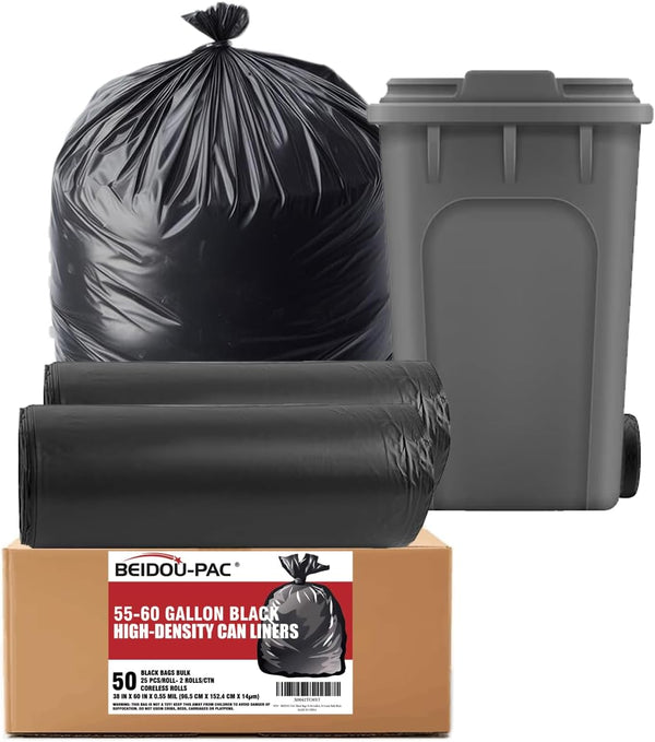 55-60 Gallon Trash Bags (50 Count Bulk) - Black Heavy Duty Garbage Bags for Home, Commercial, Outdoor, Construction Use