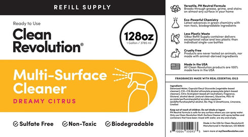 Clean Revolution Multi Surface Cleaner Refill, Non-Toxic Eco-Friendly Plant-Based, Dreamy Citrus, 128 Fl Oz